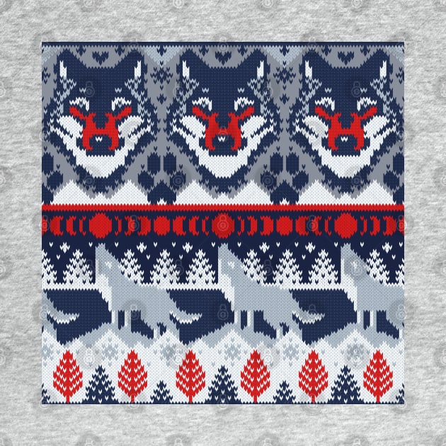 Fair isle knitting grey wolf // pattern // navy blue and grey wolves red moons and pine trees by SelmaCardoso